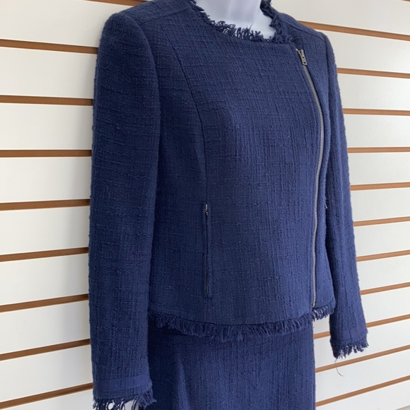 J. CREW Tweed Moto 2 pc Suit Set Jacket (6) ; Skirt (4) Navy Blue Tweed Fringe - Picture 3 of 16